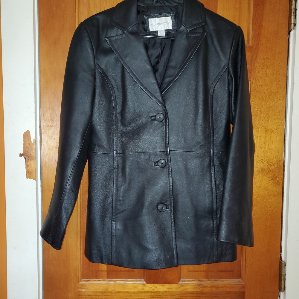 Worthington Classic Black Genuine Leather Jacket Blazer S